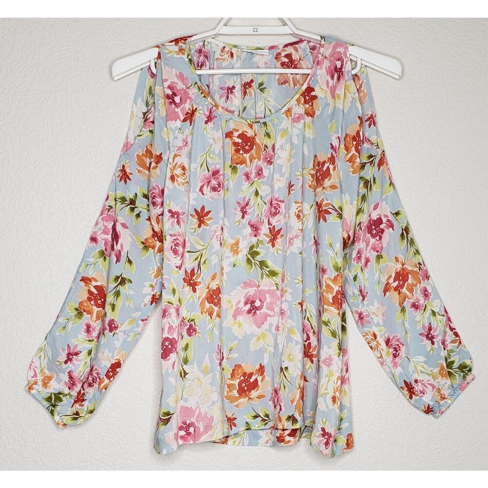 J.Jill Women's Top Medium L/S Multicolor‎ Floral Round Neck Cold Shoulder Blouse